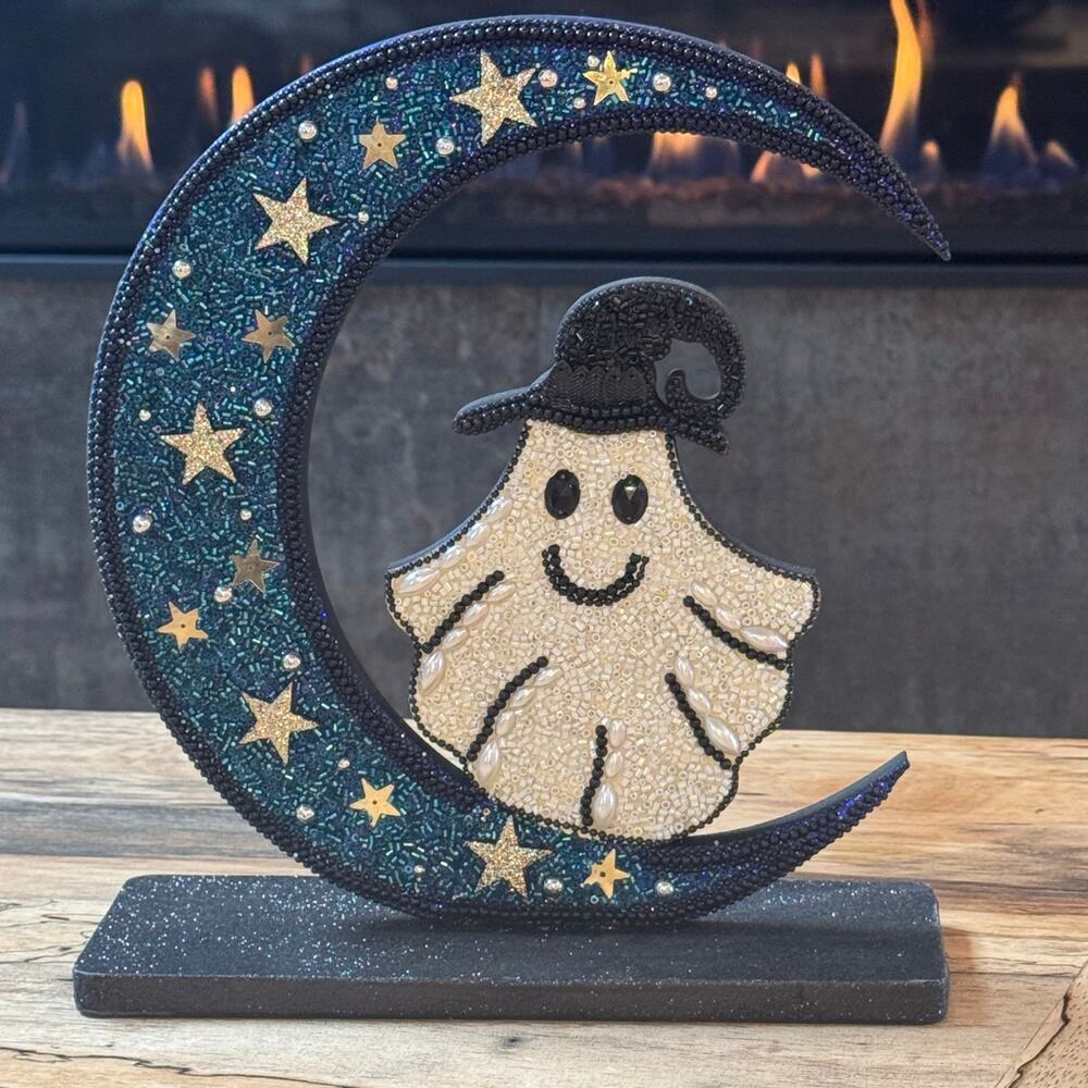 Viral HomeGoods Beaded Halloween Ghost on Moon Table Sign 10.5x9.5 Glam Fall